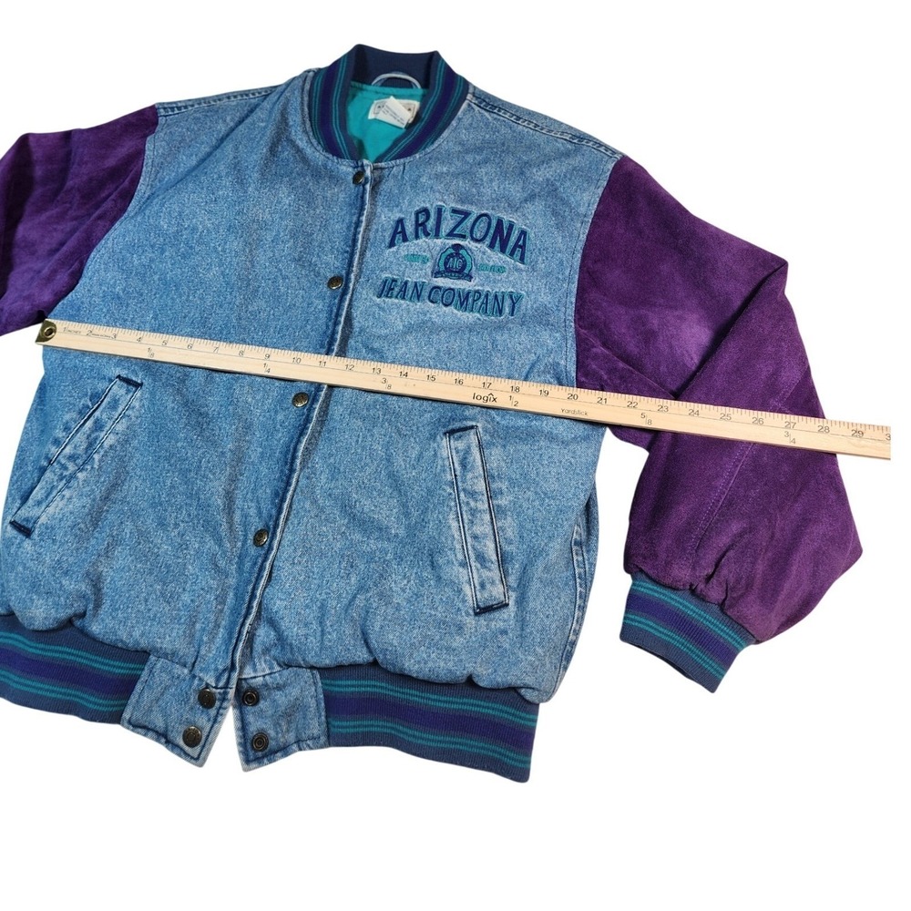 Vintage 90s Arizona Jean Company Denim Suede Bomber Jacket Purple Teal Medium‎ - Picture 11 of 13